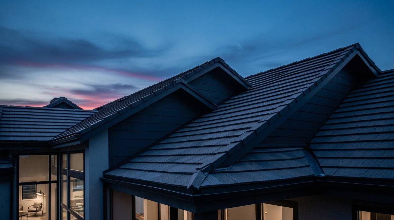 Modern home rooftop at dusk representing roofing growth